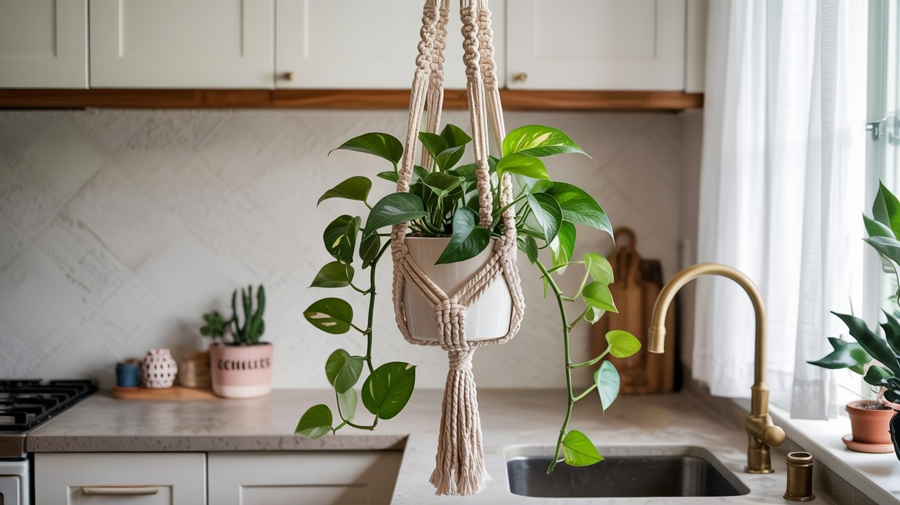 macrame hanger in boho kitchen
