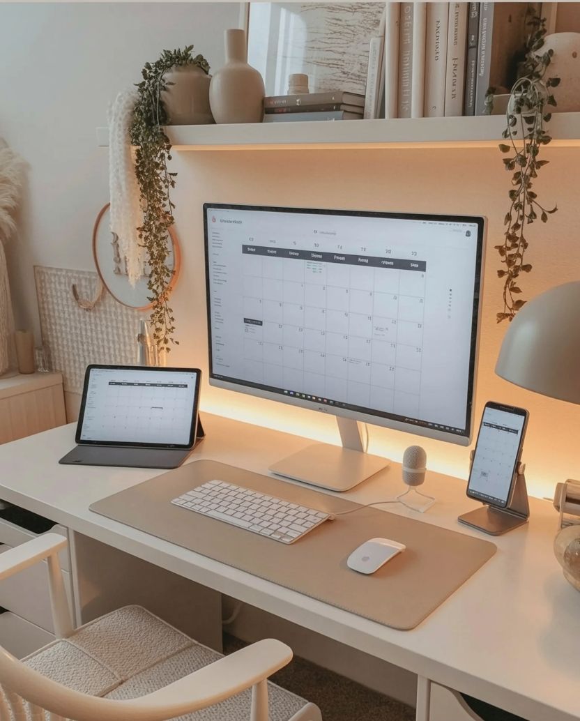 “Budget-friendly home office ideas in a boho style with white desk, woven chair, indoor plants, natural textures, and wall art.”