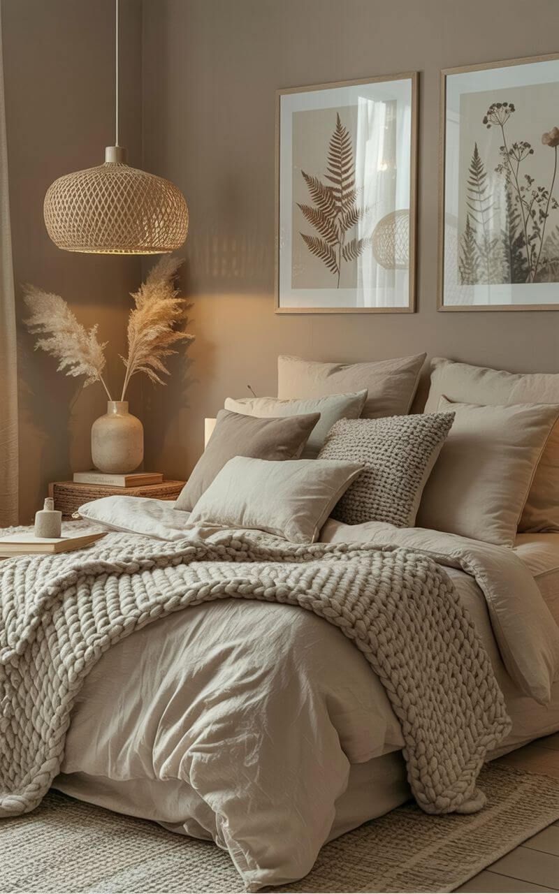 neutral boho bedroom with pampas grass