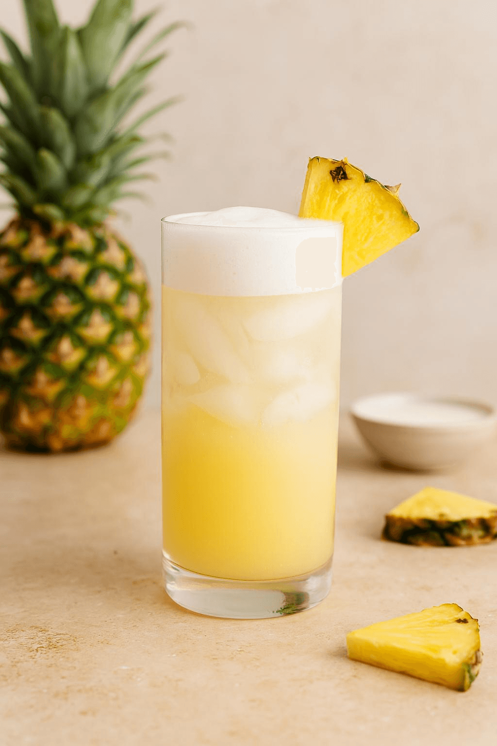 Tropical pineapple coconut fizz mocktail served with ice and pineapple garnish.