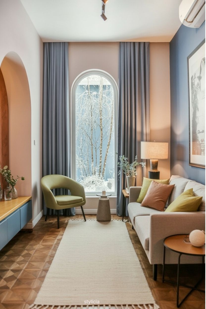 Long narrow living room with clear walkway, open-back furniture and natural light, designed for easy