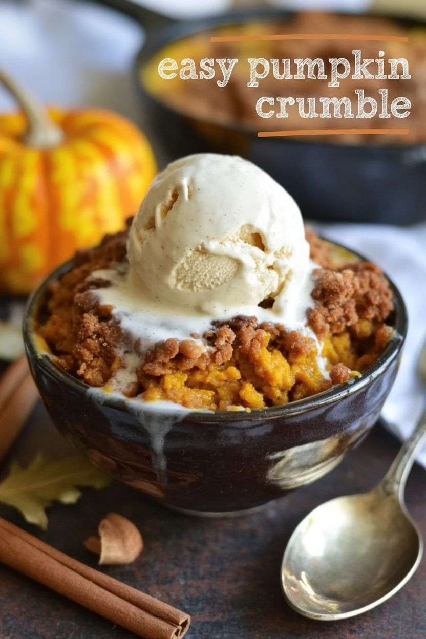 Warm pumpkin crisp dessert topped with vanilla ice cream, served in a rustic bowl, cosy fall treat with spiced crumble topping.