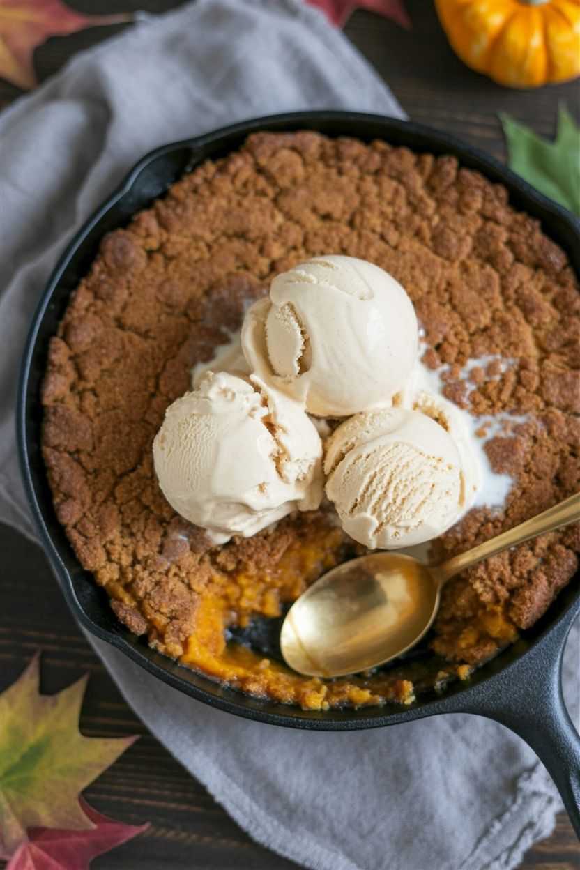 Warm pumpkin crisp topped with scoops of vanilla ice cream in a black skillet.