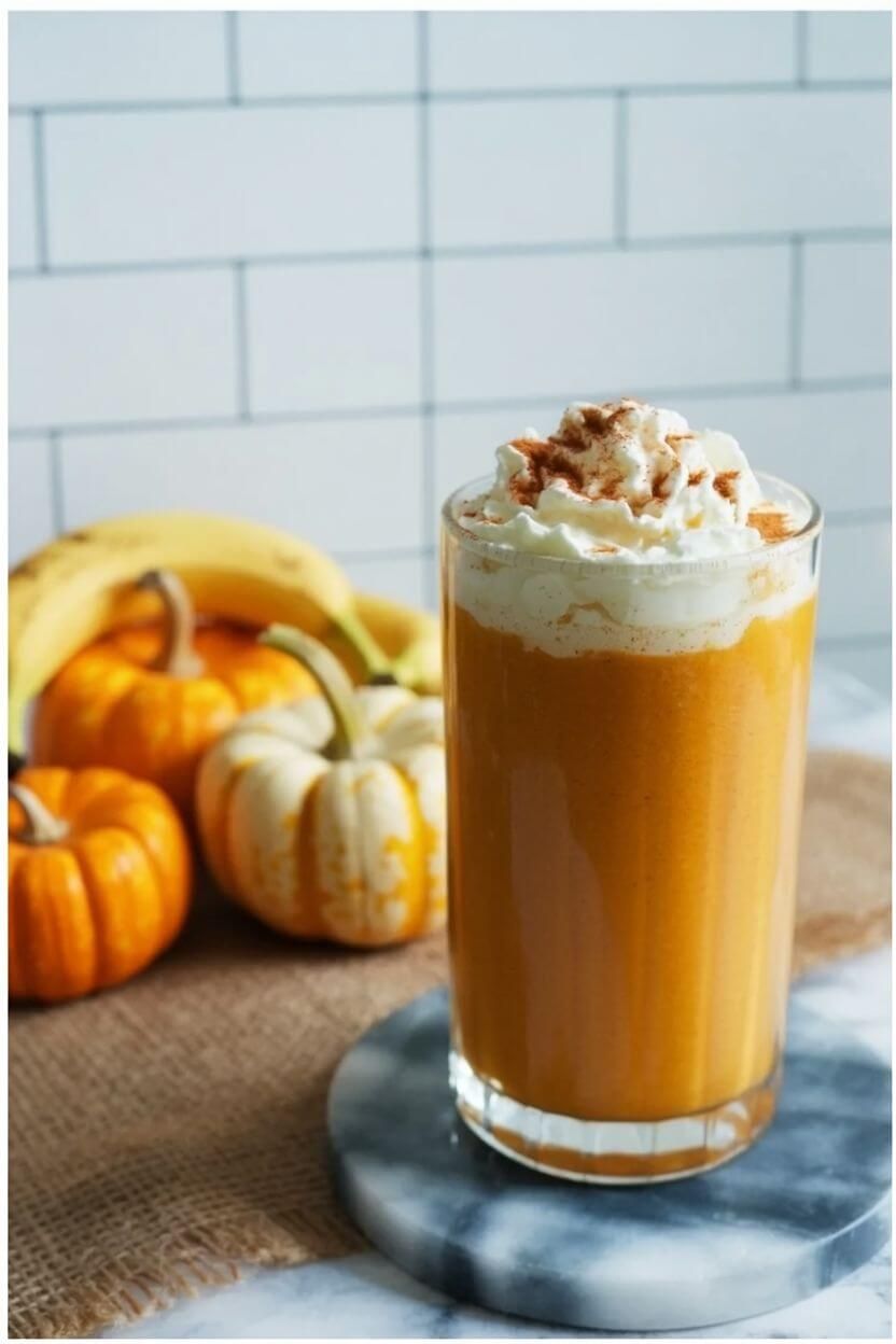 Tall glass of pumpkin smoothie topped with whipped cream and cinnamon, with fresh bananas and small
