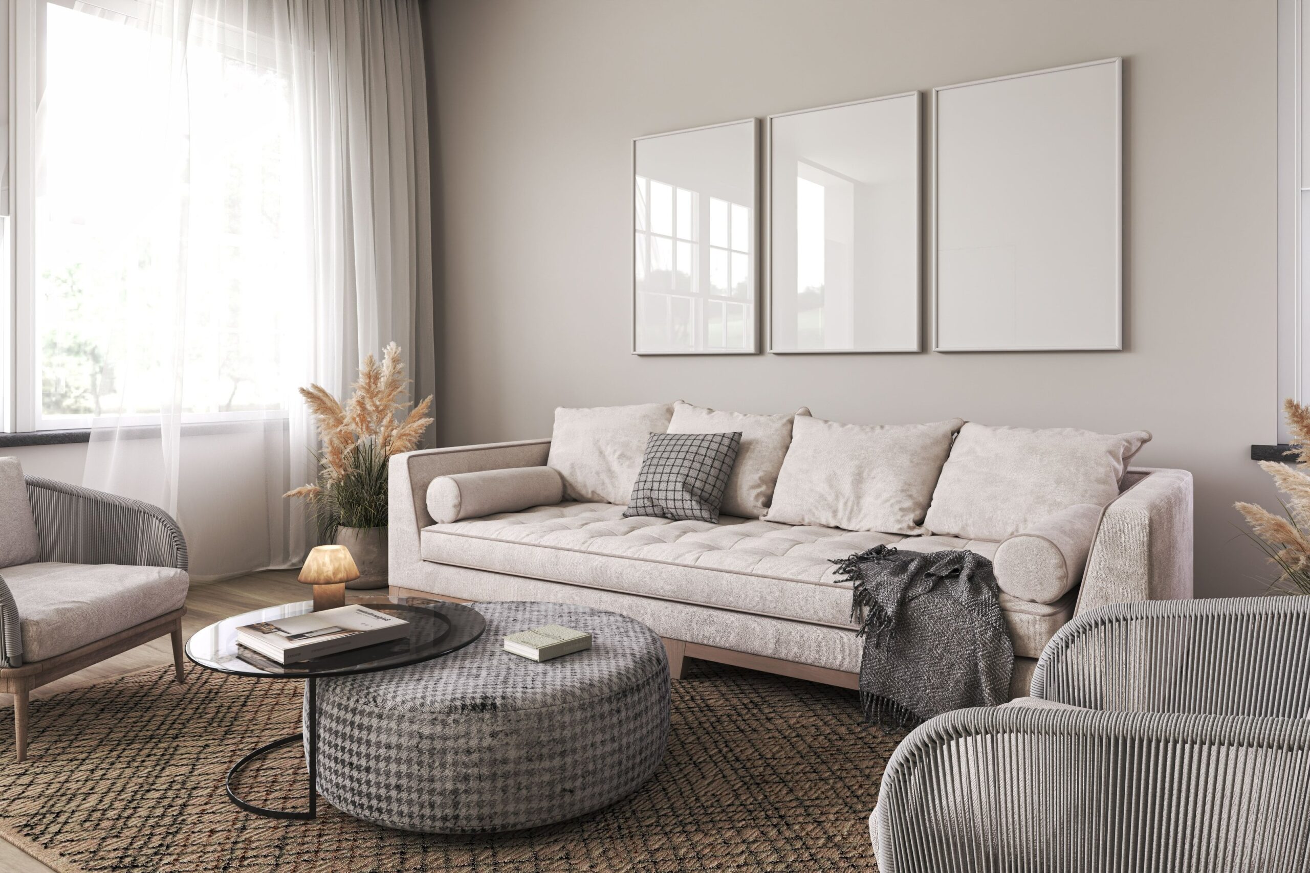 Compact narrow living room with slim furniture, small round coffee table, neutral colors, minimalist