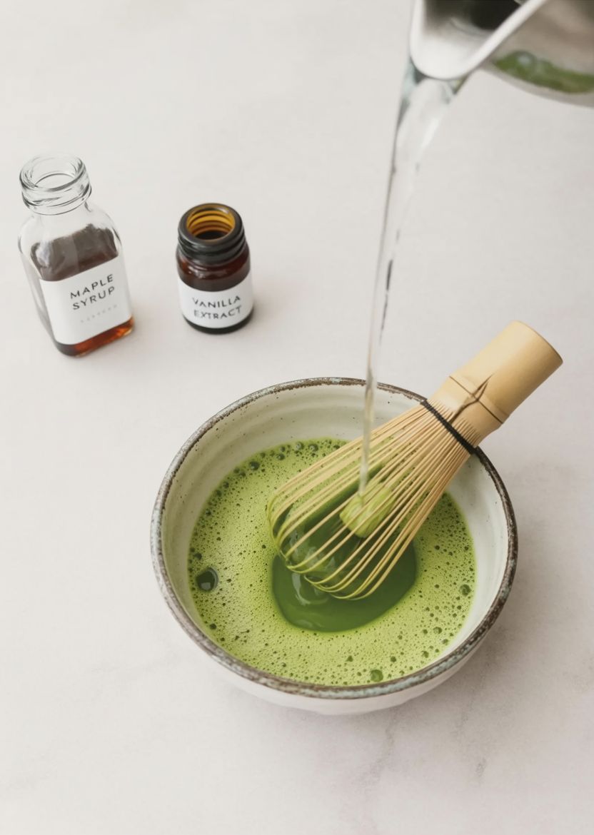 Whisking matcha with hot water, maple syrup and vanilla