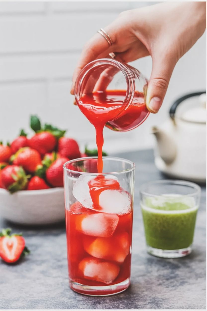 Pouring strawberry puree over ice in a tall glass.