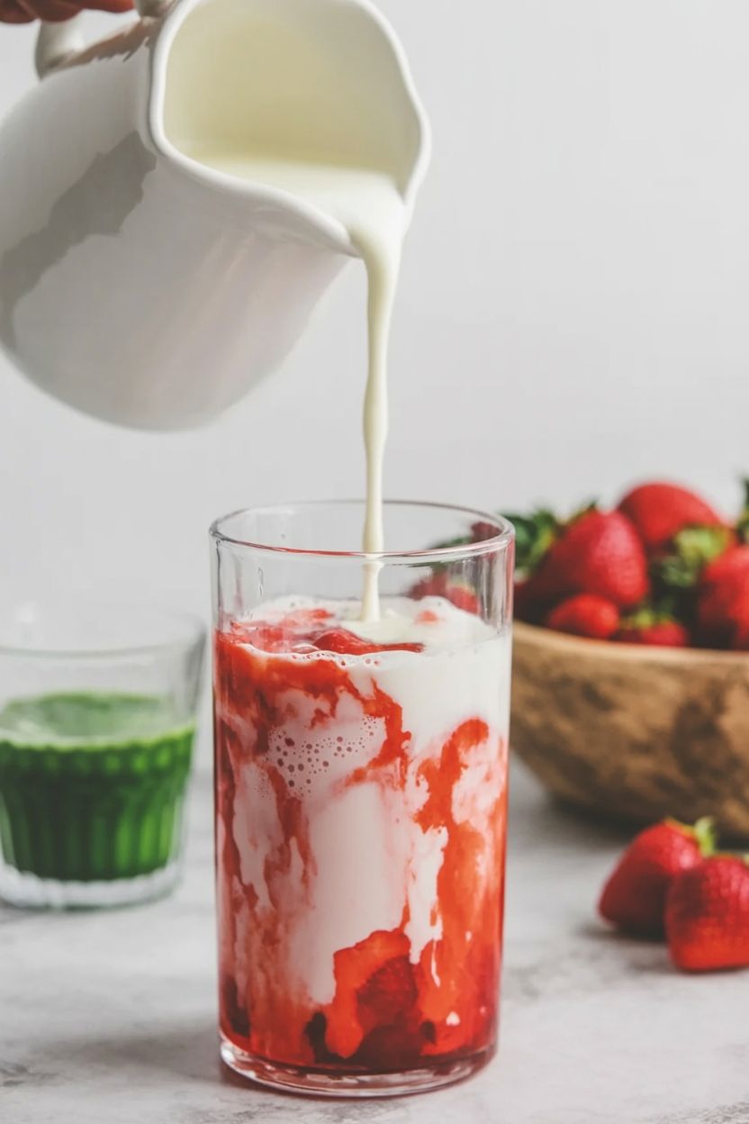 Milk being poured over strawberry layer in iced glass