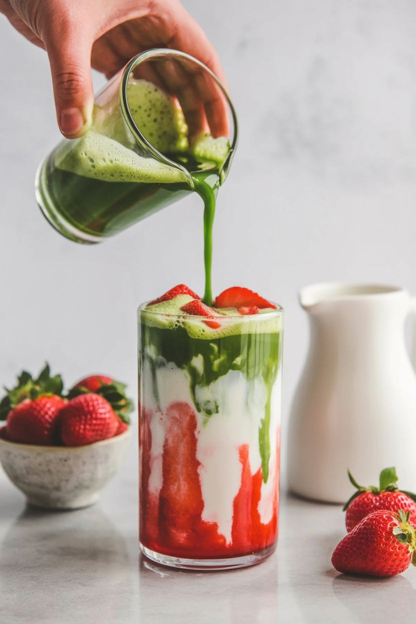 Green matcha poured over milk and strawberry layers
