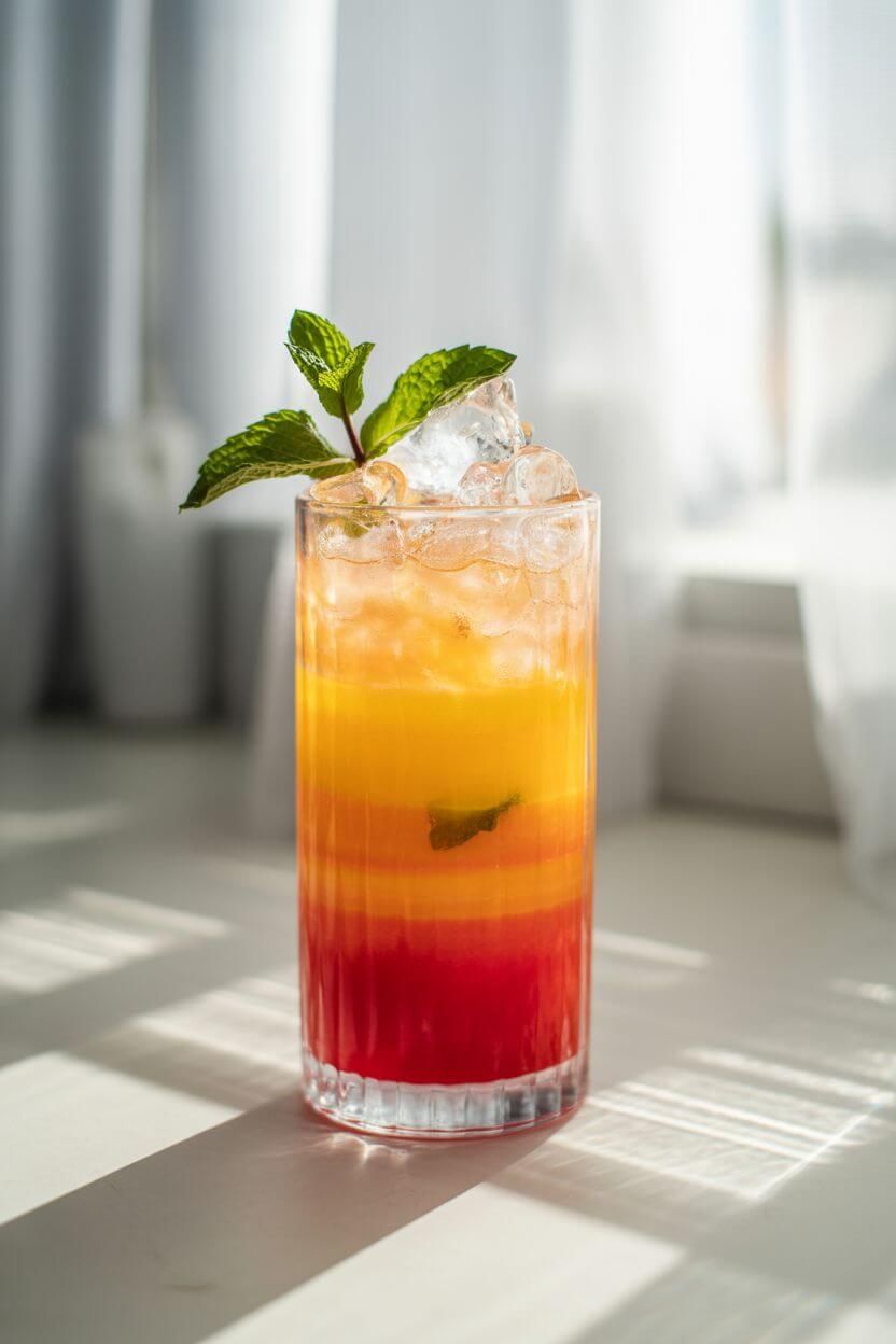 Virgin Sunrise Mocktail with layered orange juice, grenadine, and mint.