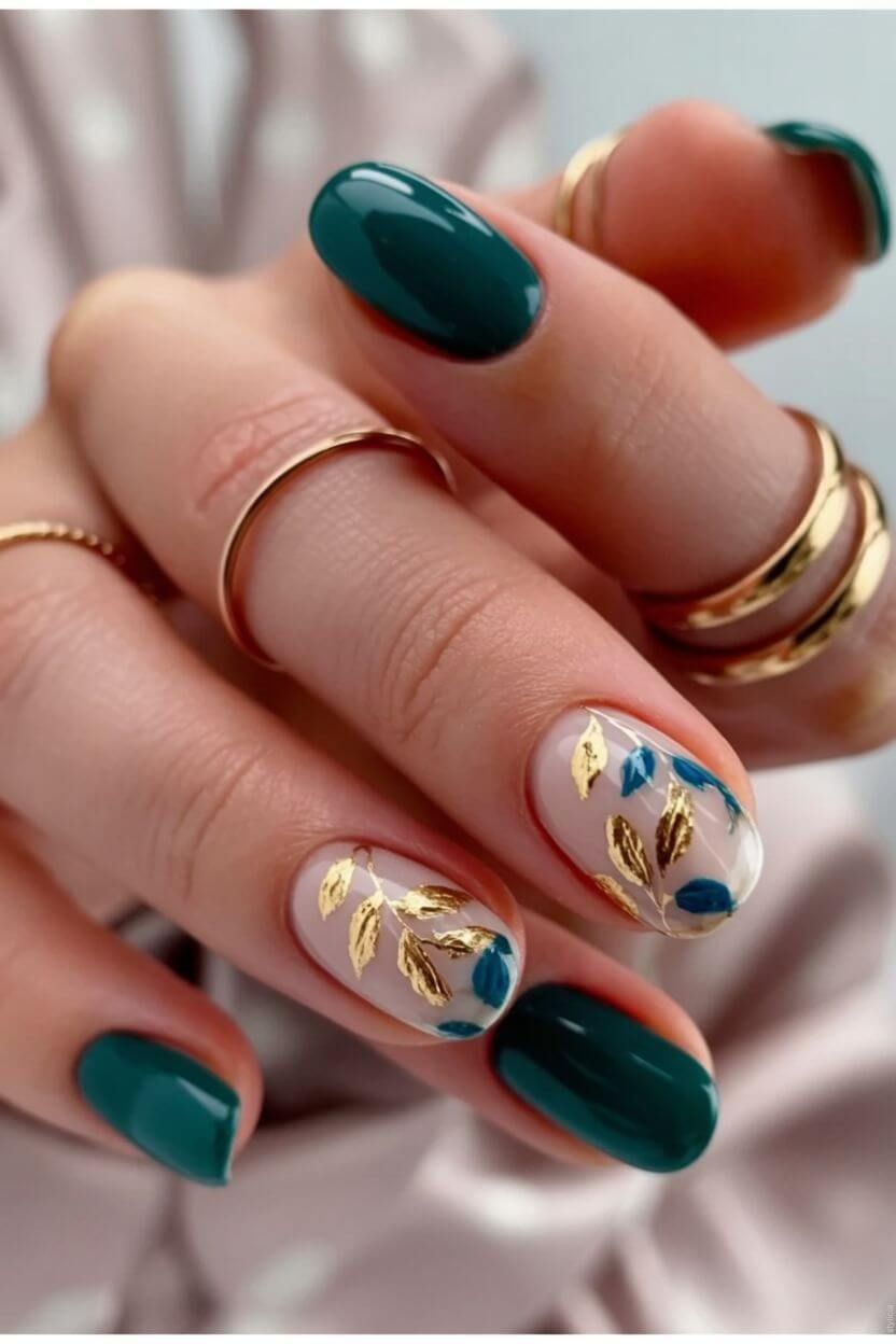 Emerald green fall nails with gold foil leaf accents on short rounded nails.