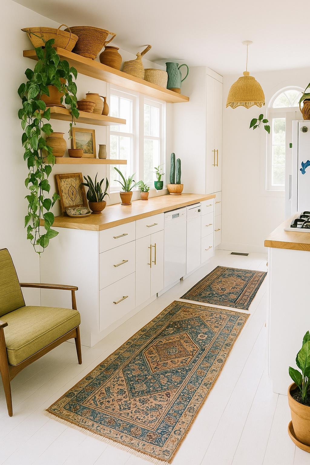 woven rug in boho kitchen