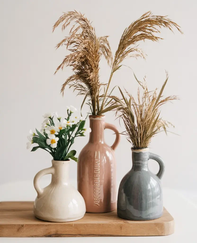 rustic spring decor with ceramic vases, dried grass and simple floral arrangement, neutral cottagecore farmhouse styling