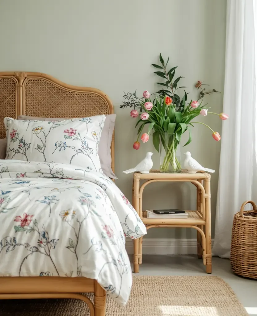 spring bedroom refresh 2026 with white linen and fresh tulips on bedside table