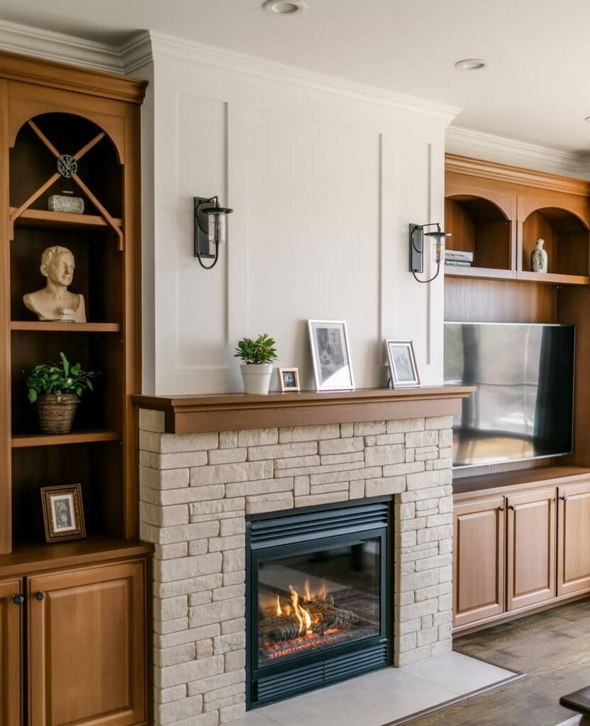 Modern built-ins around a fireplace flush with the floor — minimalist living room layout for clean lines.