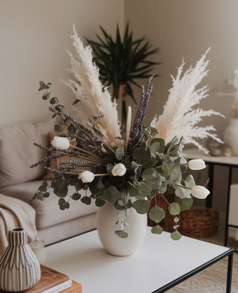 neutral spring floral decor 2026 dried pampas and lavender in terracotta vase