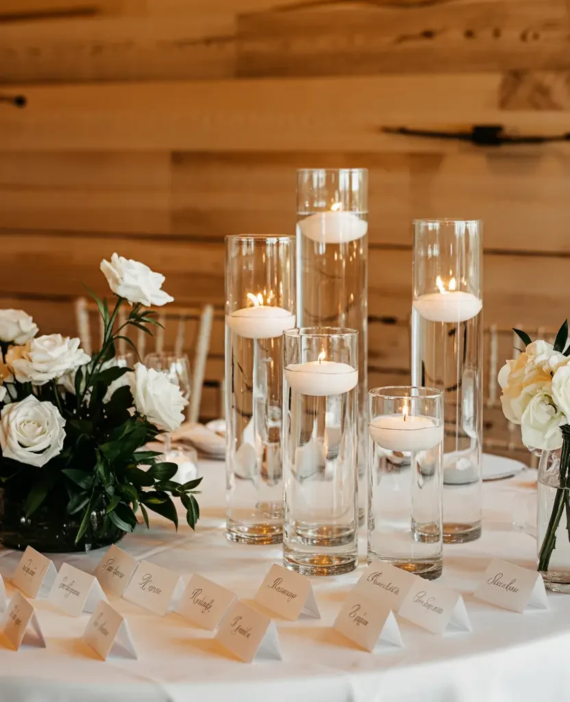 budget wedding decor with candles and glass vases for budget wedding planning 2026 elegant table styling