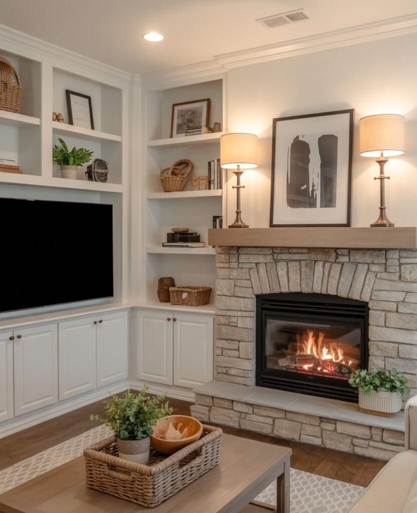 Fireplace bench decor ideas with built-in seating and soft textures for a warm, inviting atmosphere.