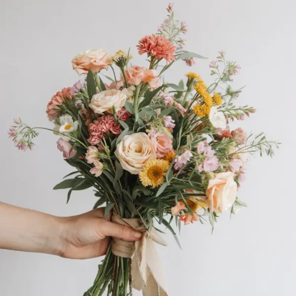 garden-style wildflower bouquet with linen ribbon bridesmaid flowers 2026