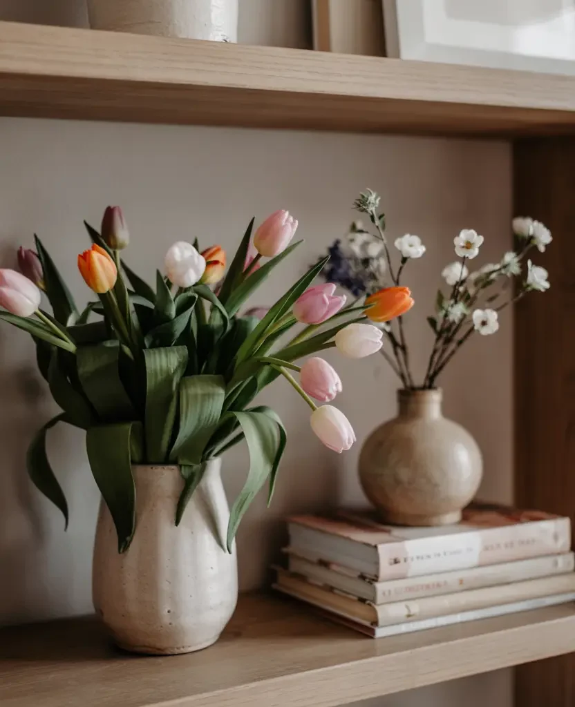 spring shelf decor 2026 styled with rule of three vase books and botanicals