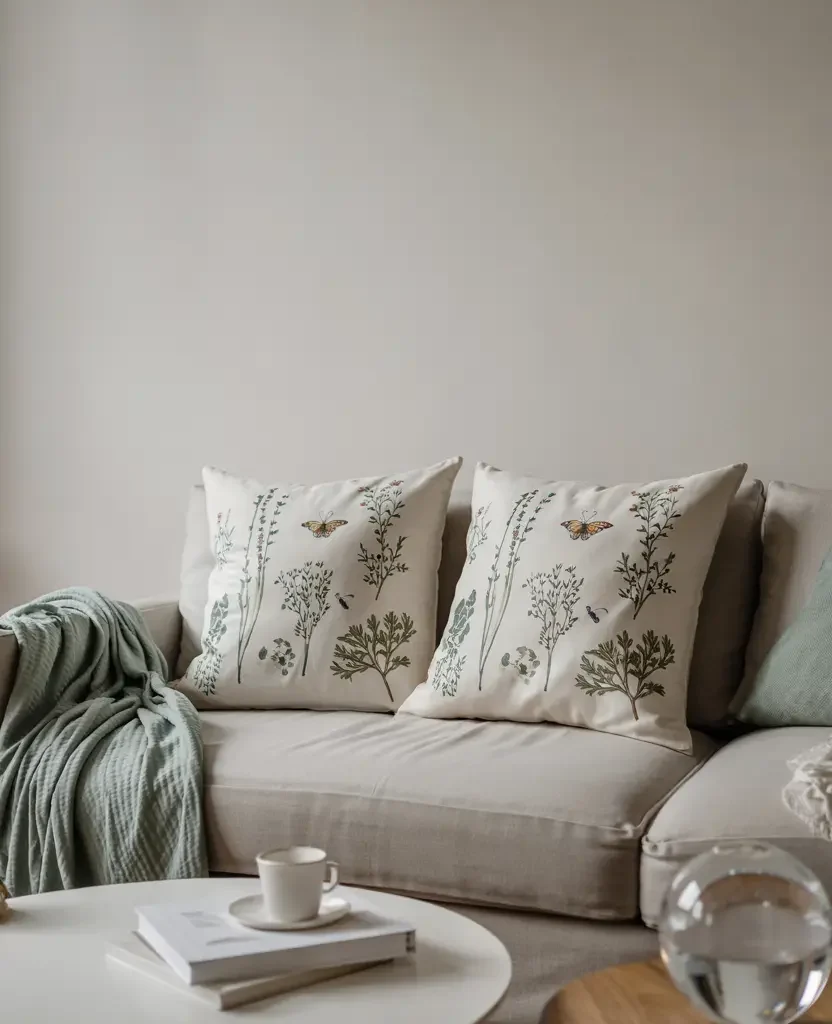 cozy spring living room corner with sofa throw blanket and soft natural textures