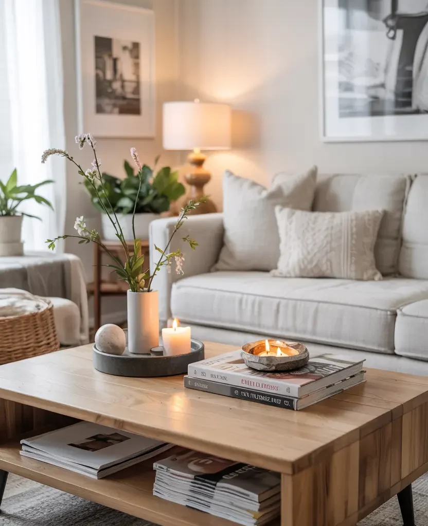 spring coffee table decor ideas with books candles and floral accents for a simple elegant living room