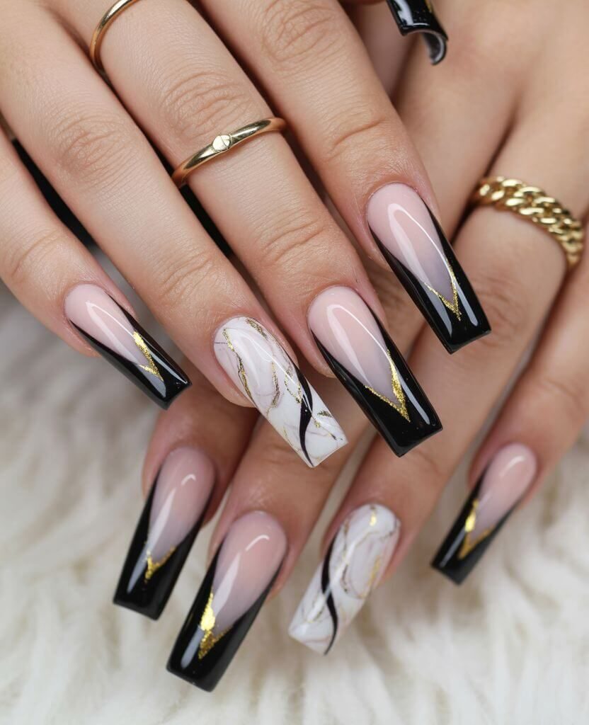 Black and Gold Winter Coffin Nails with Marble Accent – Festive Nail Design 2025