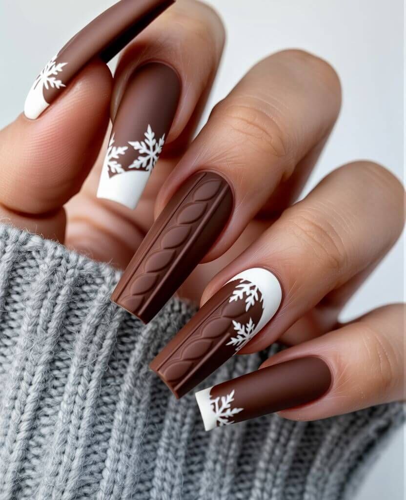 Brown Sweater Nails with White Snowflakes - Winter Christmas 2025