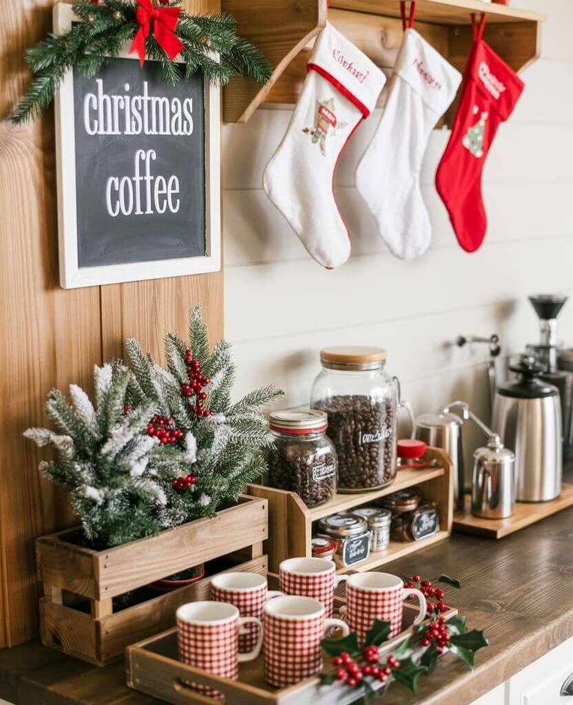 Cozy Christmas coffee station with Santa mug, mini Christmas tree, and holiday jars for a festive kitchen corner.