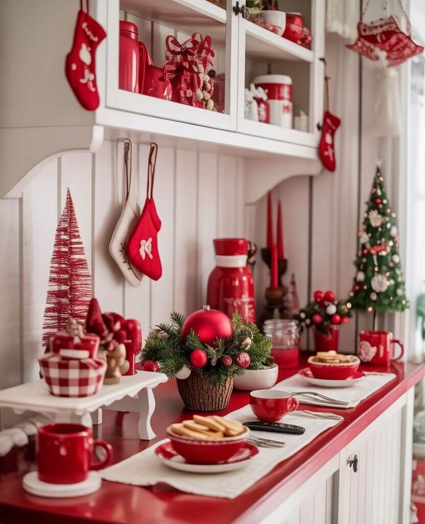 Classic red and white Christmas kitchen decor with candy canes, festive mugs, and a cozy holiday countertop display.