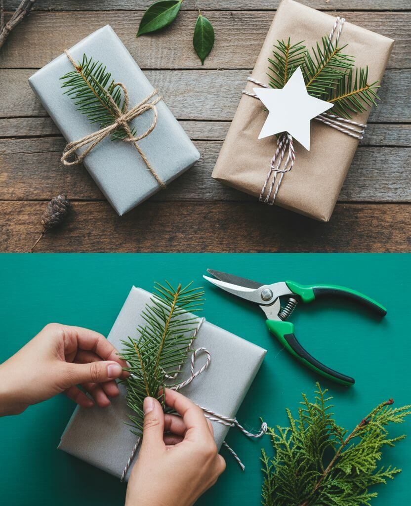 Simple DIY Christmas gifts wrapped in natural kraft paper with twine and pine branches — a cozy, minimalist idea to get ready for Christmas in November with handmade, heartfelt presents.