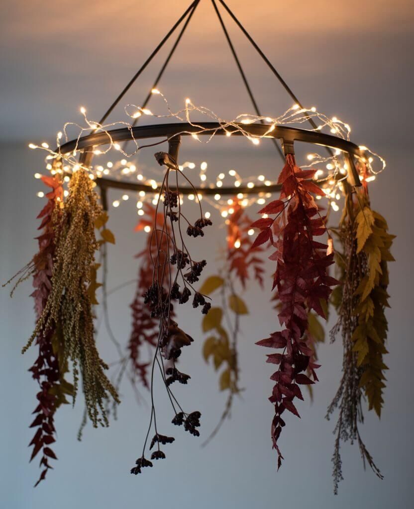 DIY fall foliage chandelier with dried leaves, berries, and fairy lights — cozy autumn decor idea for a warm Thanksgiving ambiance.