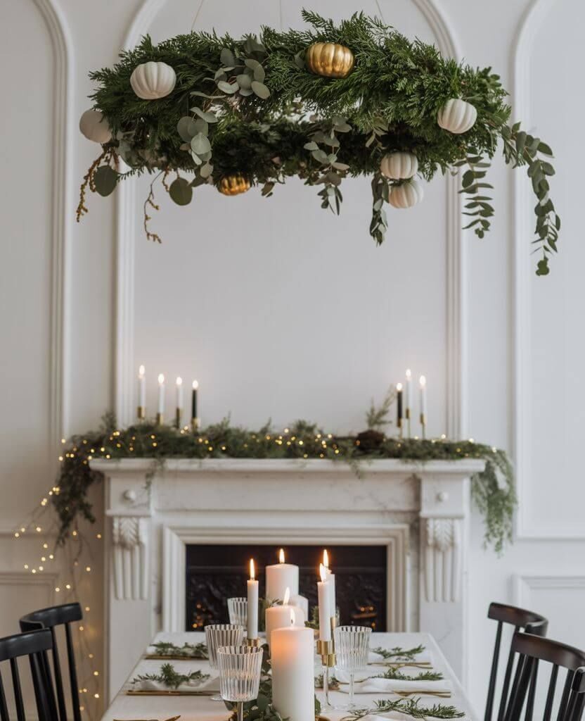 Foraged foliage chandelier with greenery and mini pumpkins — elegant DIY Thanksgiving table statement piece for fall decor lovers.