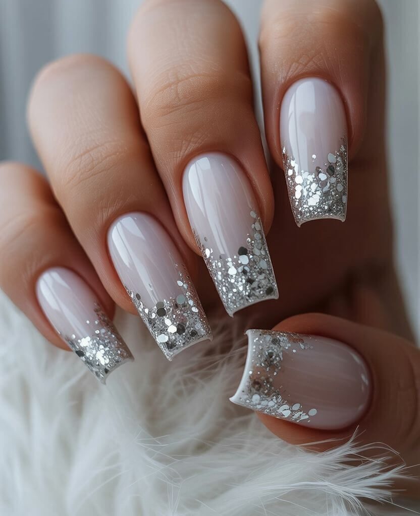 Silver Glitter French Winter Nails 2025