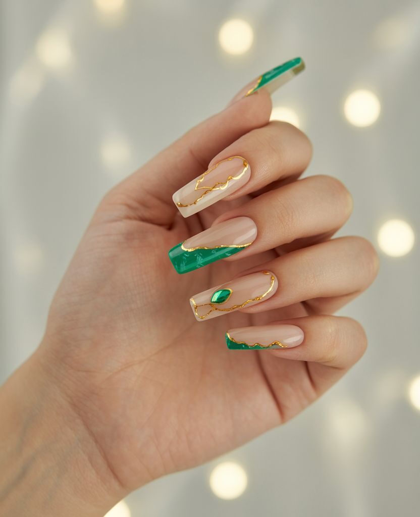 Green and Gold Christmas Coffin Nails - Festive Winter Nail Design 2025