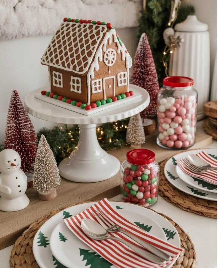 Gingerbread house Christmas display with candy jars, red and green decor, and festive holiday table setting.