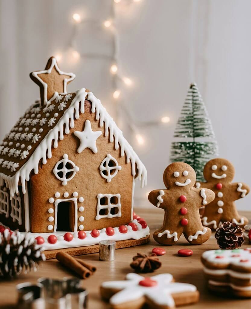 Gingerbread-themed Christmas kitchen corner with a gingerbread house, cookie cutters, and nostalgic holiday baking vibes.