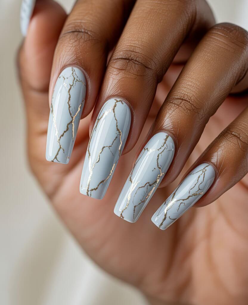 Marble Metallic Winter Coffin Nails with Gold Veins – Elegant Nail Design 2025