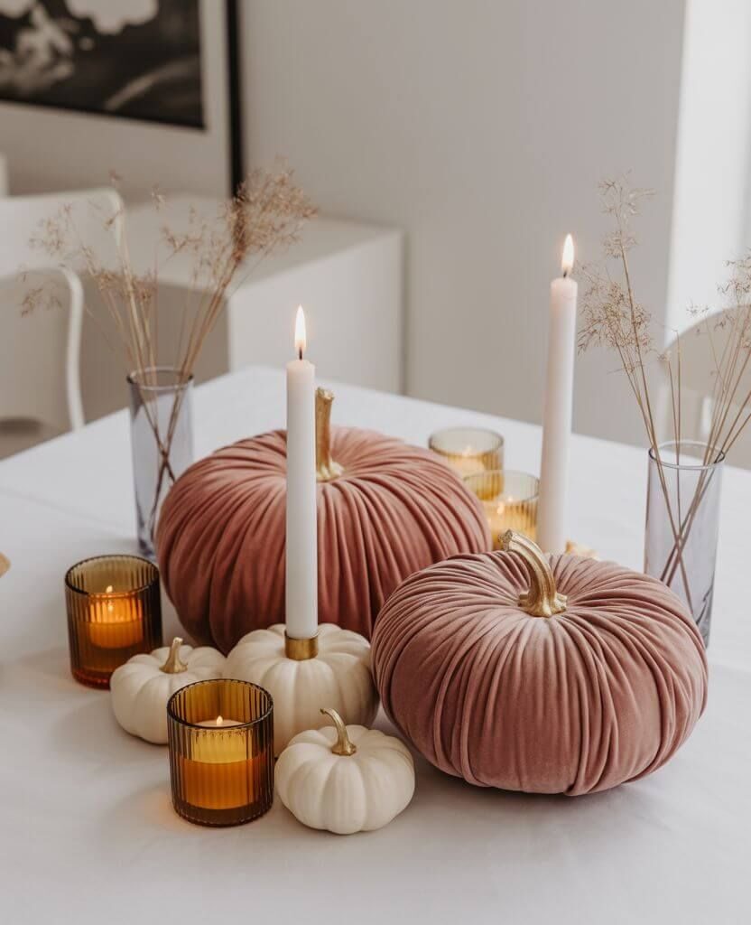 Elegant velvet pumpkin centerpiece with gold stems, white pumpkins, and candles — cozy fall home decor idea for Thanksgiving.