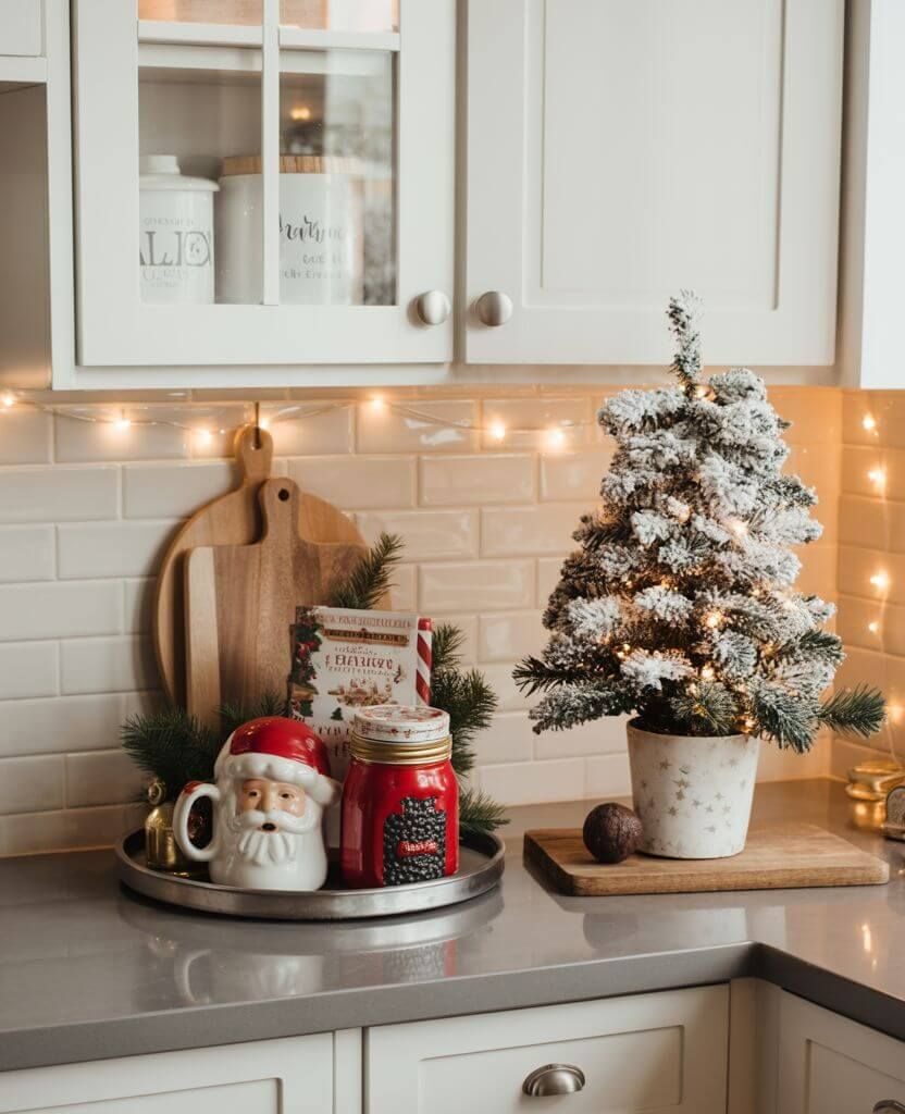 North Pole inspired Christmas kitchen with candy canes, Santa figurines, and frosted mini trees for a playful holiday vibe.