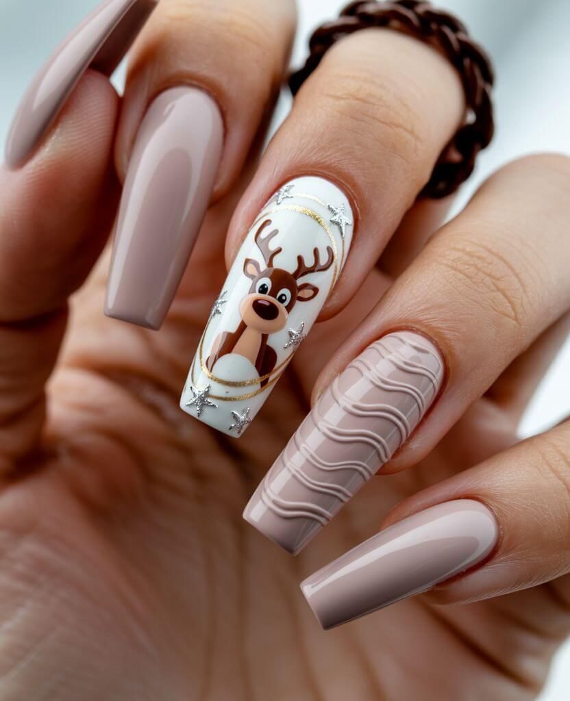 Reindeer Christmas Coffin Nails Design for Winter 2025