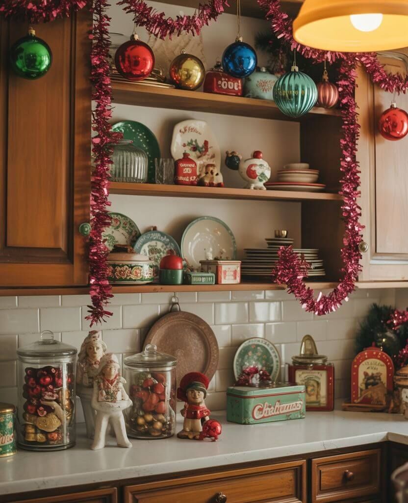 Vintage Christmas kitchen decor with retro tins, ornaments, and nostalgic holiday charm.