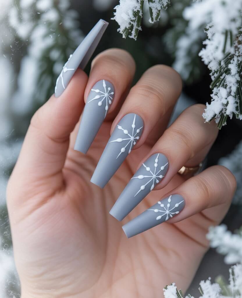Snowflake Winter Coffin Nails in Matte Grey 2025