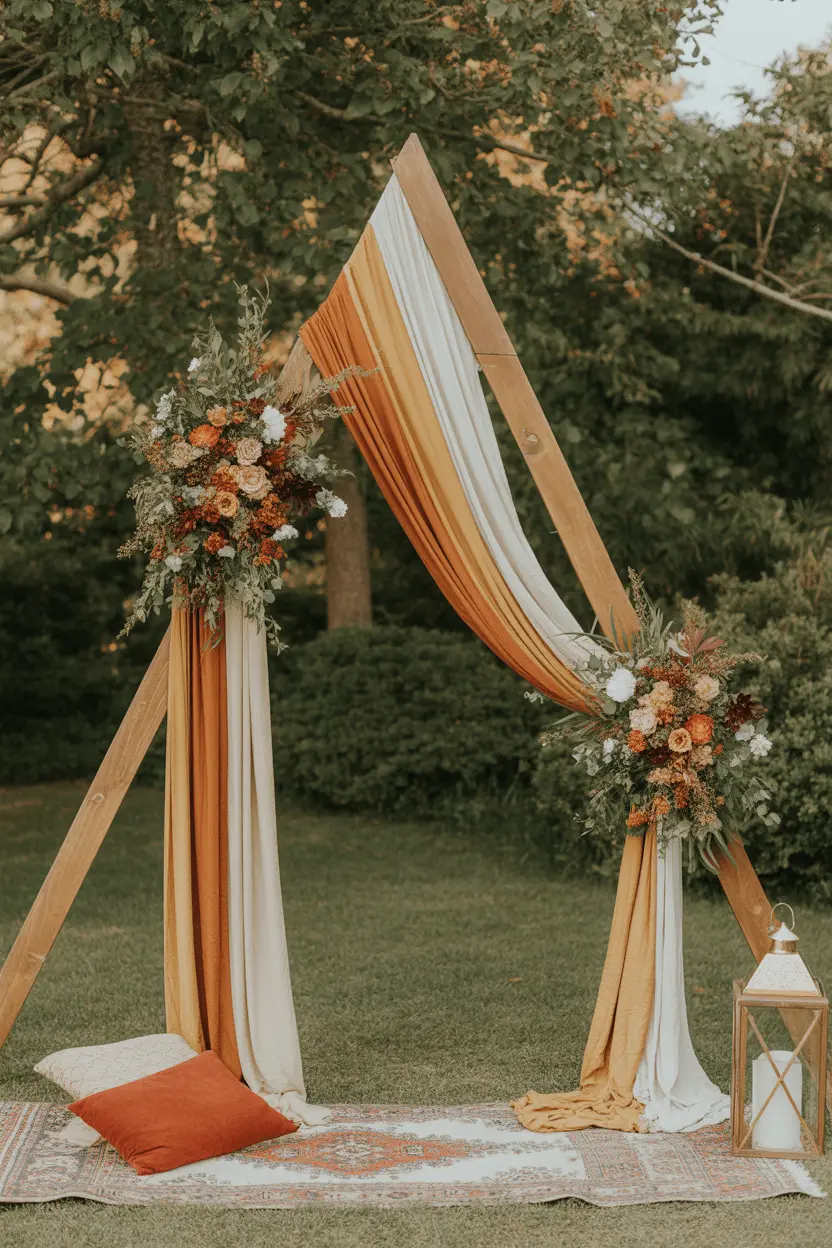 Triangle fall wedding arch built from 2x3 lumber, draped in cream and mustard fabric, with white and rust flower clusters at each leg