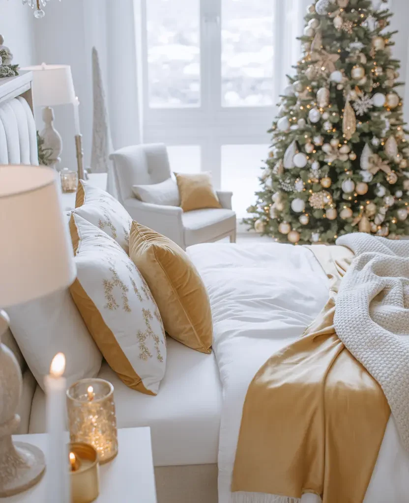neutral holiday living room with soft blankets, candles and Christmas greenery