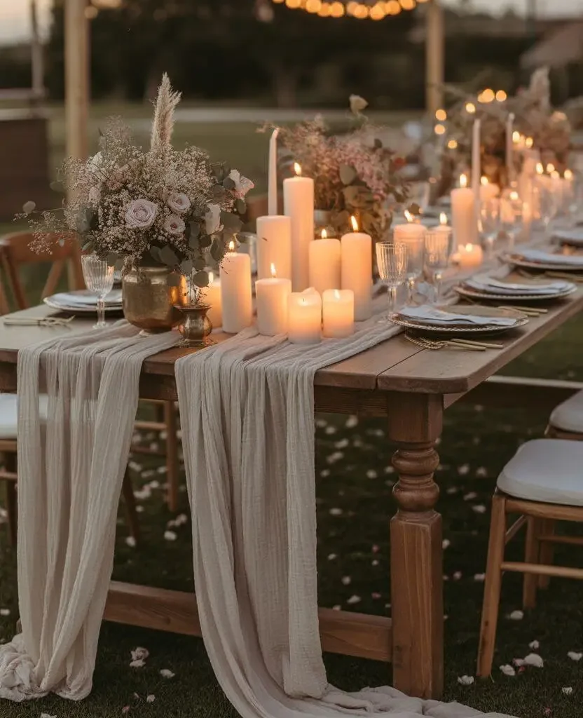 Relaxed boho wedding table decor ideas with layered textures and natural movement