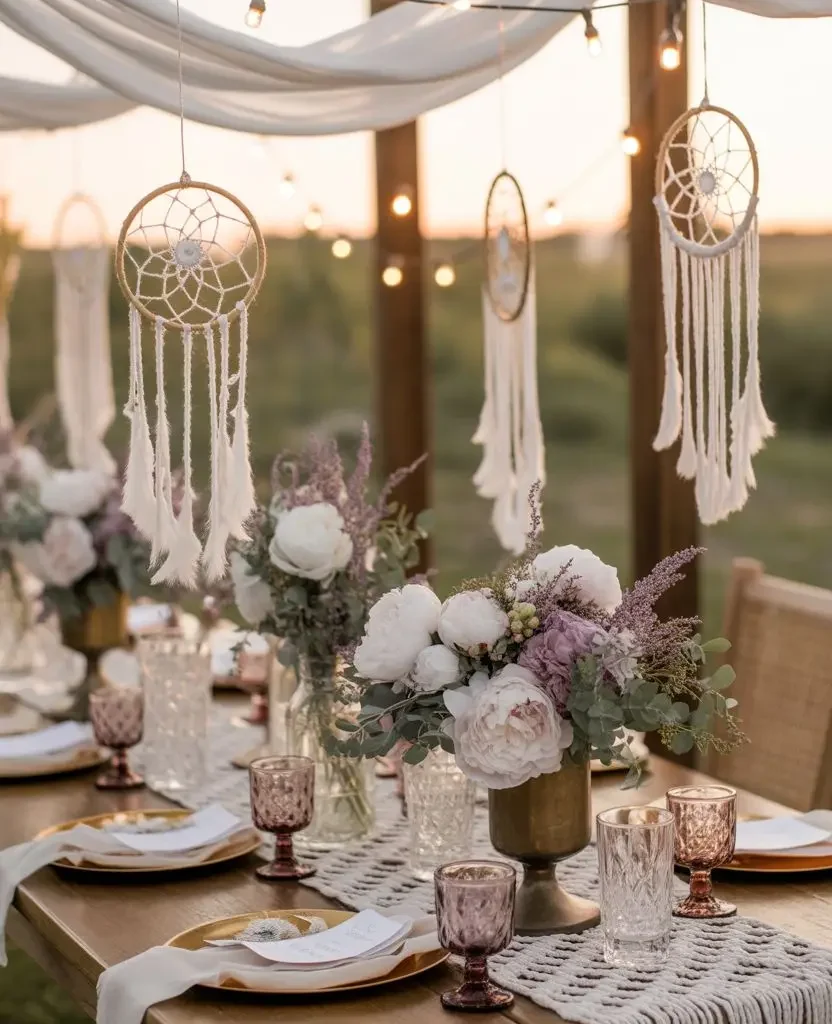Whimsical boho wedding decor with dreamcatchers and pastel florals