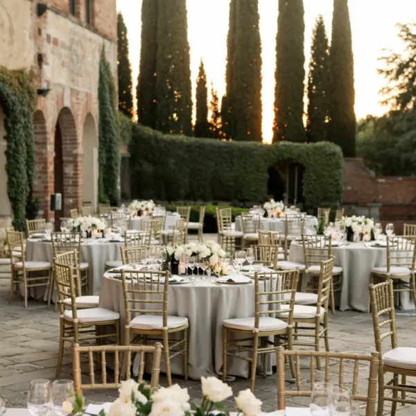 Luxurious Tuscan outdoor italian-themed wedding reception with rustic terracotta and greenery
