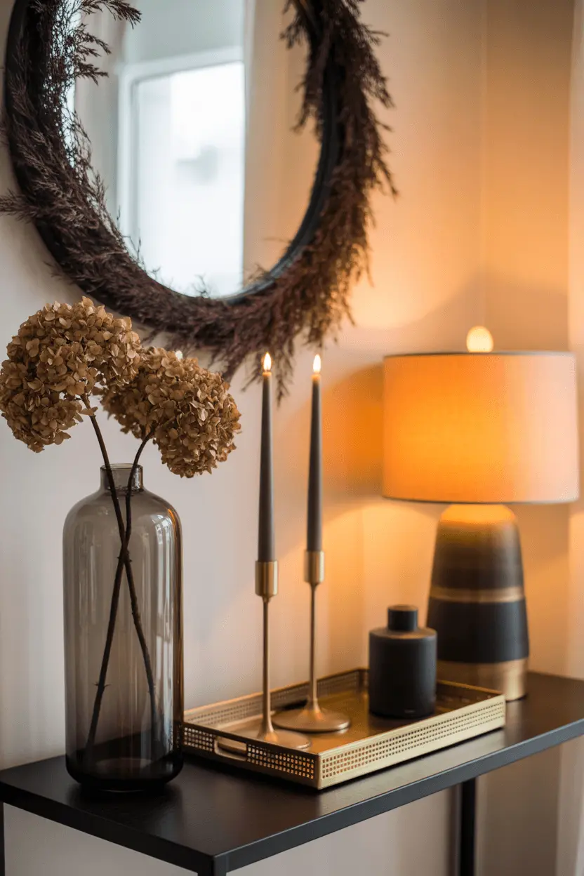 Elegant Halloween decor on an entryway console with brass candlesticks and dried garland