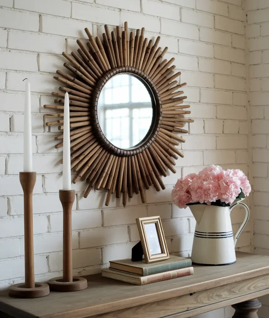 narrow hallway entryway styling featuring statement mirror and neutral decor
